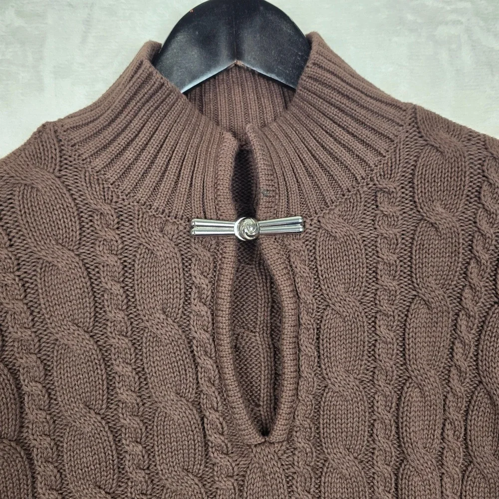 Commense Womens Brown Cable Knit Cropped Sweater Keyhole Toggle Clasp XS NEW